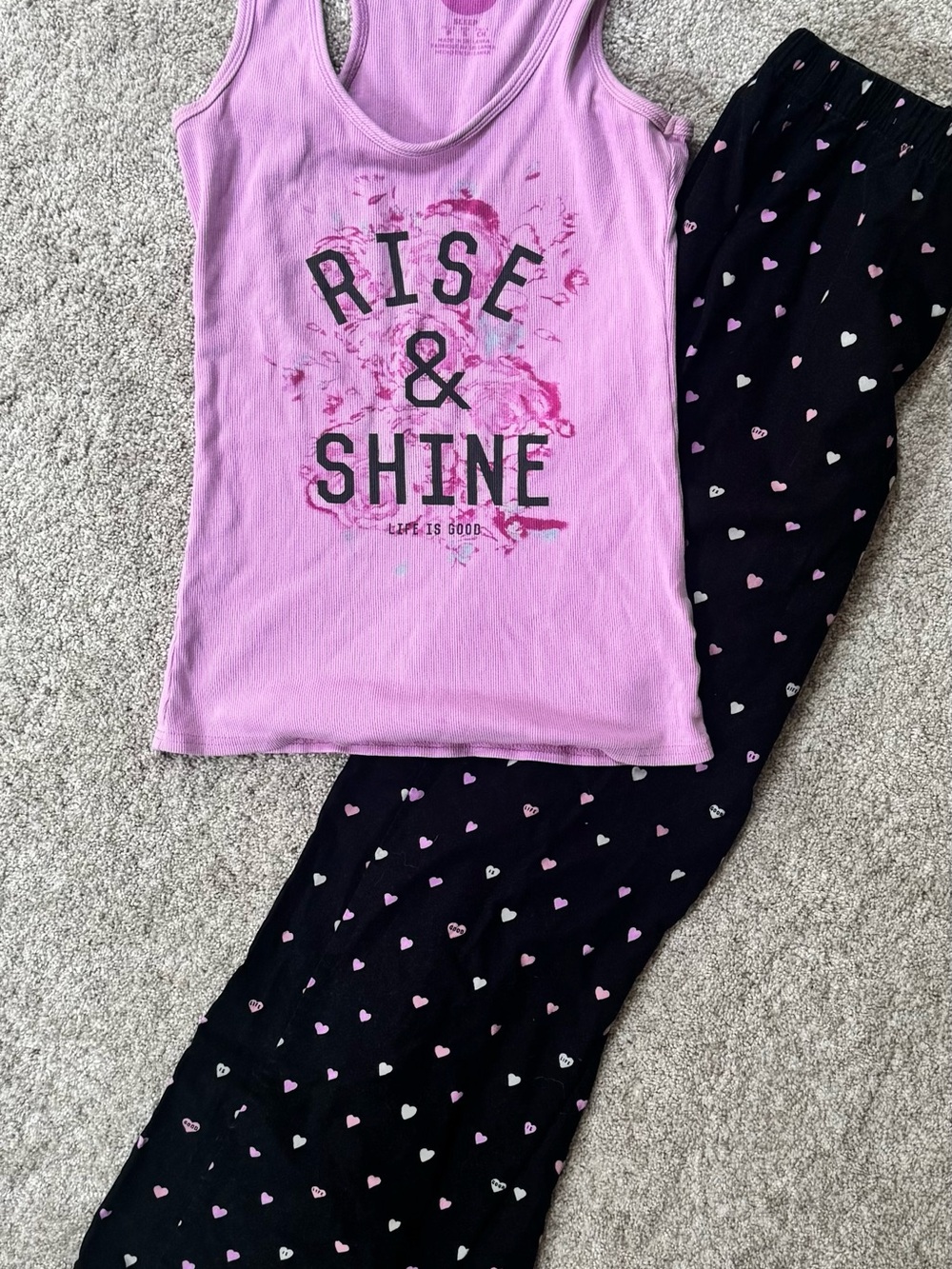 Life Is Good Pink Tank Top with Black Heart-Print Sleep Pants